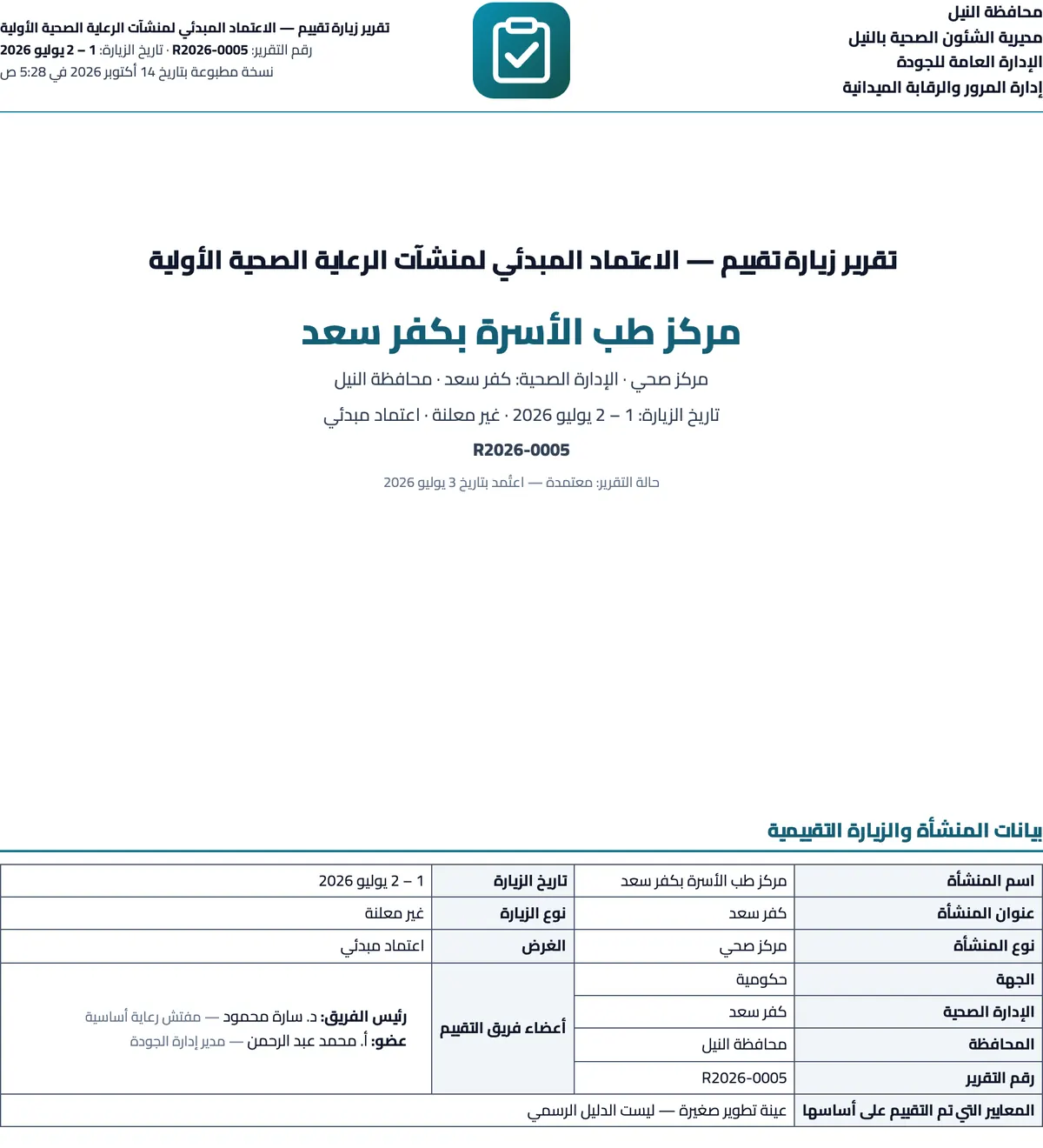 A4 report on the organisation's letterhead — cover, visit data and section summary